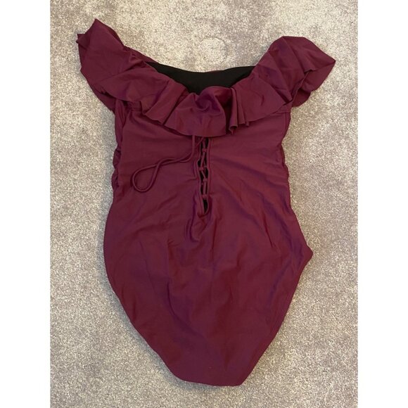 Hilor Off-Shoulder Ruffle One-Piece Swimsuit US 14 Burgundy - Picture 2 of 9
